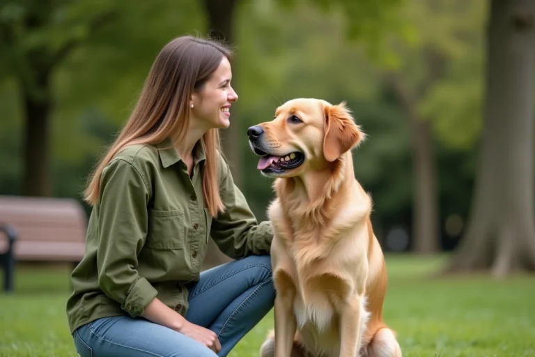 Femme agenouillée dans un parc avec son golden retriever attentif, illustrant la complicité entre un maître et son chien