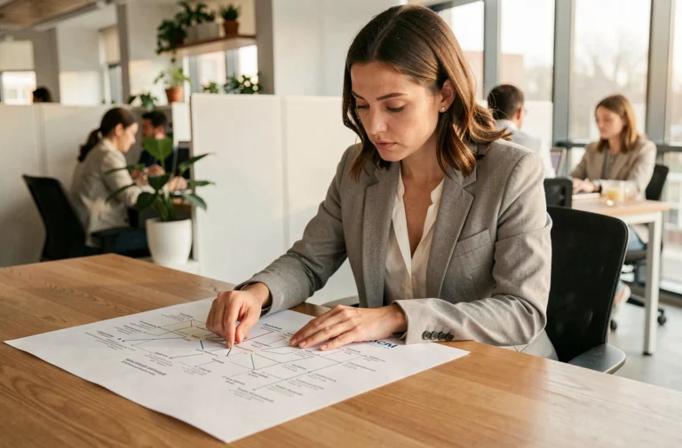 Femme professionnelle étudiant un plan de site imprimé sur un bureau en bois dans un bureau moderne