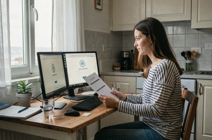 Femme étudiante consultant le portail ENT de l'université La Rochelle sur ordinateur de bureau dans une cuisine d'appartement