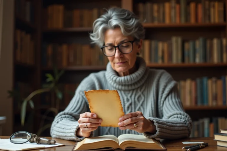 Femme examinant attentivement une page détachée d'un vieux livre dans une bibliothèque à domicile