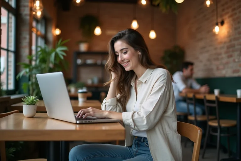 Femme explorant le site de voyage 1 2 3 Voyagez sur son ordinateur portable dans un café chaleureux