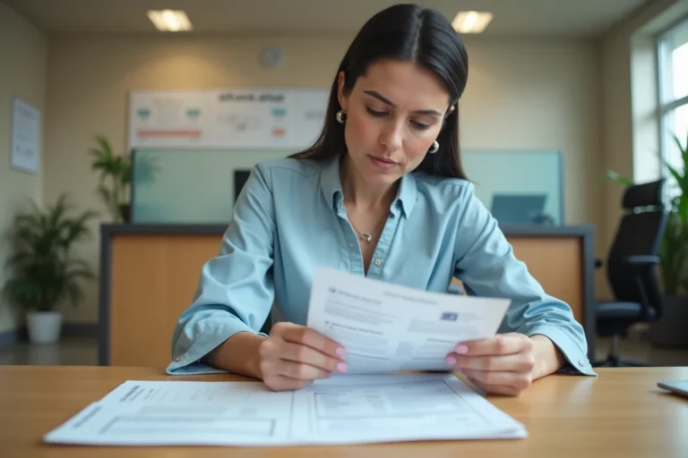 Femme consultant une fiche individuelle d'état civil dans un bureau administratif français