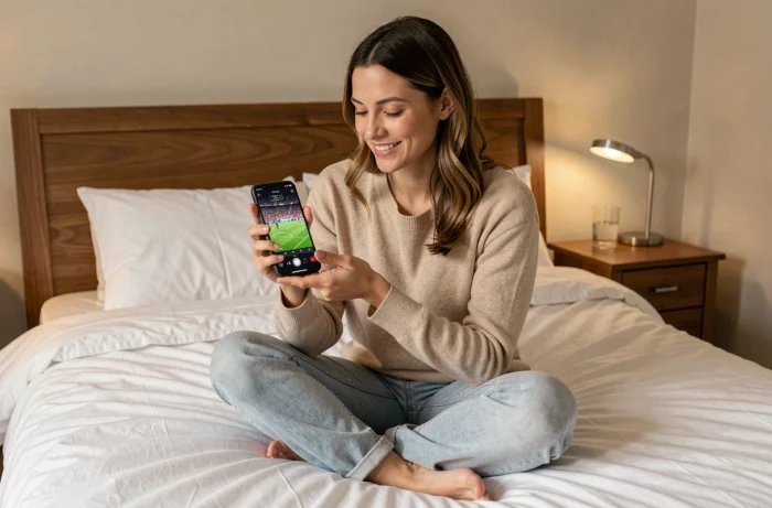 Femme regardant un match de football en direct sur son smartphone dans sa chambre