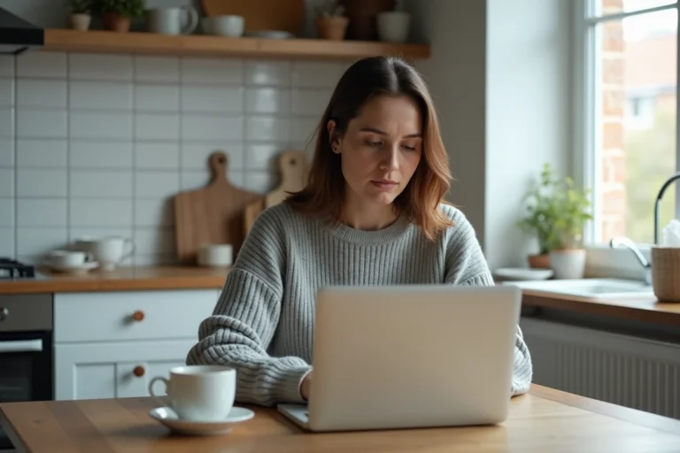 Femme lisant les actualités sur un ordinateur portable dans une cuisine moderne le matin