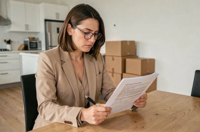 Femme lisant attentivement un contrat de réservation VEFA à domicile, soulignant l'importance de vérifier les clauses avant achat