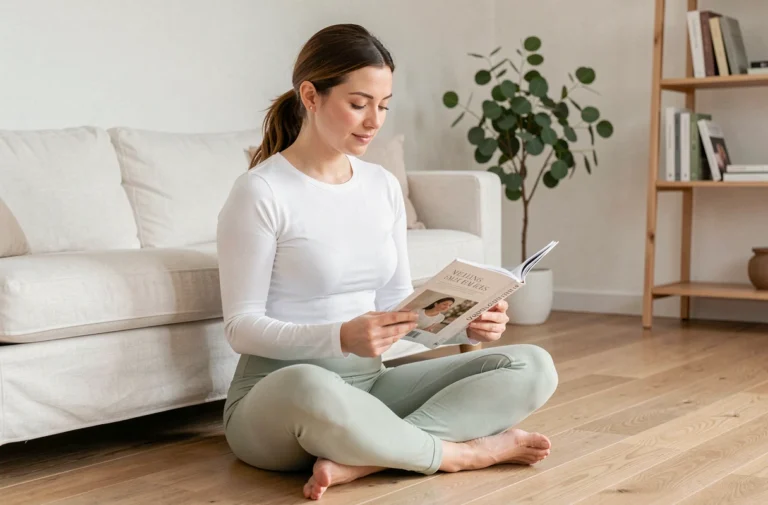 Femme lisant un magazine bien-être dans un salon minimaliste, représentant les rubriques santé et forme d'un site dédié au bien-être féminin