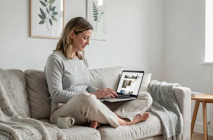 Femme lisant un index de blog sur ordinateur portable dans un salon scandinave épuré, illustrant la navigation facile dans un carnet de chroniques en ligne