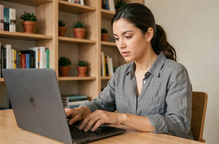 Femme naviguant sur la carte du site d'un blog depuis un ordinateur portable dans un bureau à domicile organisé