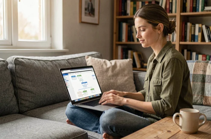 Jeune femme naviguant sur un plan de site web depuis son canapé avec un ordinateur portable