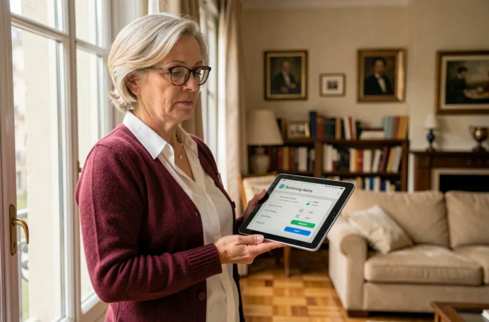 Femme mature paramétrant les alertes SMS et e-mail de son compte Crédit Agricole sur une tablette dans son salon