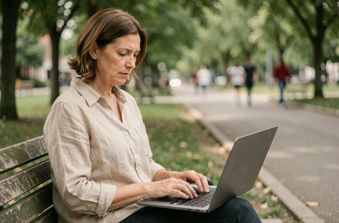 Femme recherchant une association de soutien sur son ordinateur portable dans un parc urbain, avec une expression déterminée