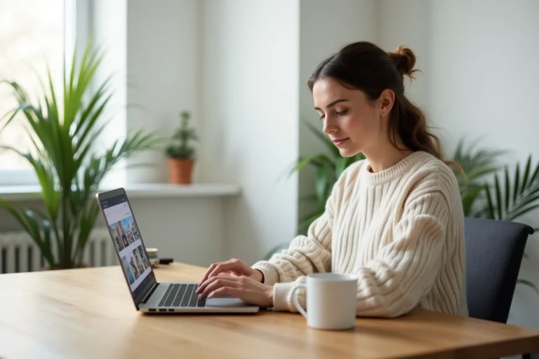 Femme consultant une plateforme immobilière en ligne sur son ordinateur portable dans un bureau moderne