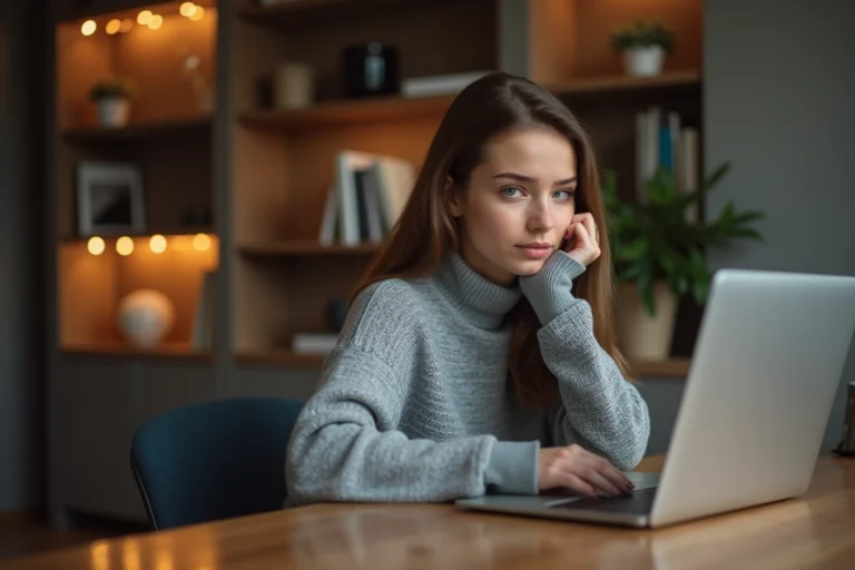 Jeune femme intriguée devant son ordinateur portable recherchant un mot-clé insolite sur Google