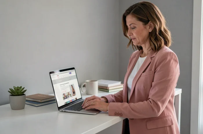 Femme consultant la carte du site Belle en Forme sur un ordinateur portable dans un bureau à domicile élégant
