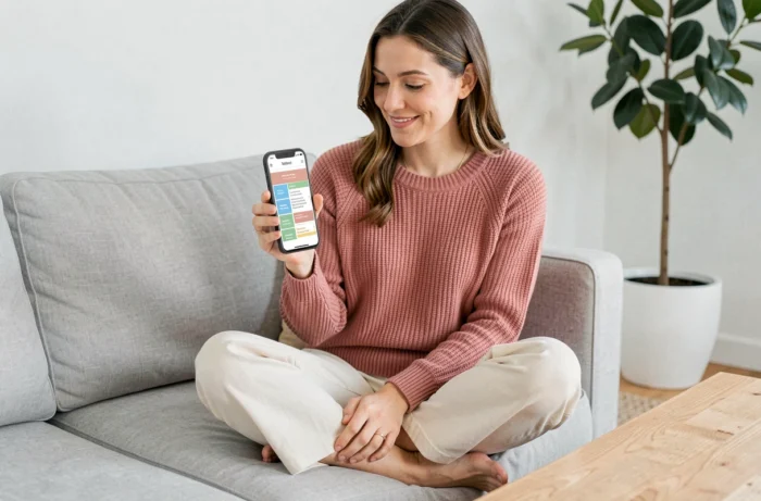 Femme souriante explorant la carte du site d'un blog sur smartphone depuis son canapé