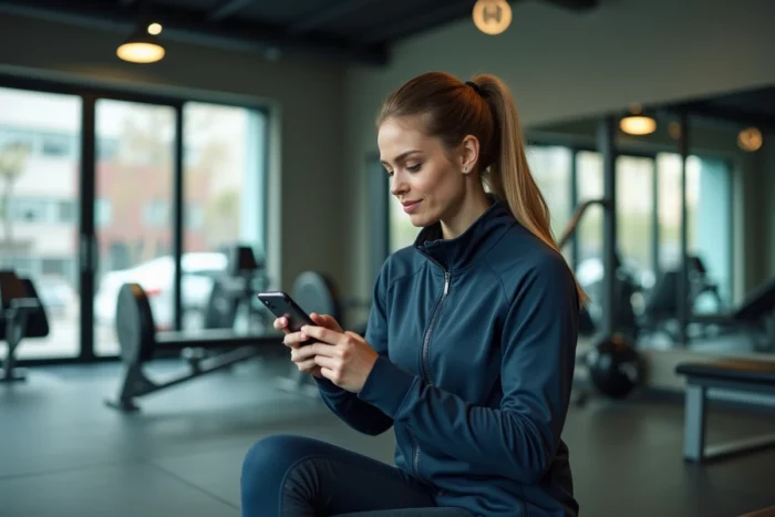 Femme sportive consultant une plateforme sport en ligne sur smartphone dans une salle de fitness moderne