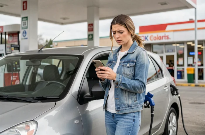 Femme inquiète consultant son téléphone à la pompe à essence après l'allumage du voyant moteur suite à un plein