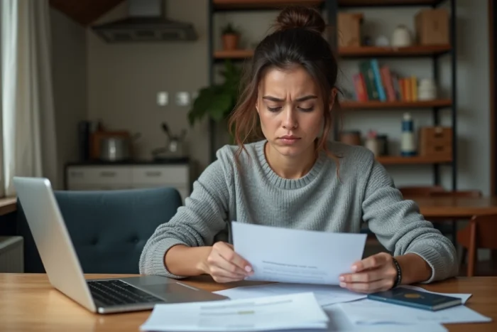 Femme stressée devant des factures impayées et un passeport, illustrant les risques de partir à l'étranger avec un crédit en souffrance