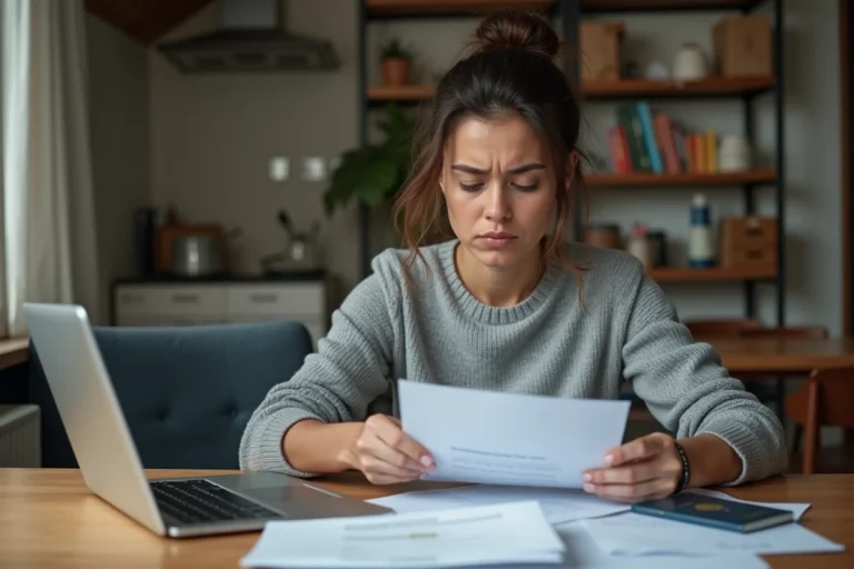 Femme stressée devant des factures impayées et un passeport, illustrant les risques de partir à l'étranger avec un crédit en souffrance