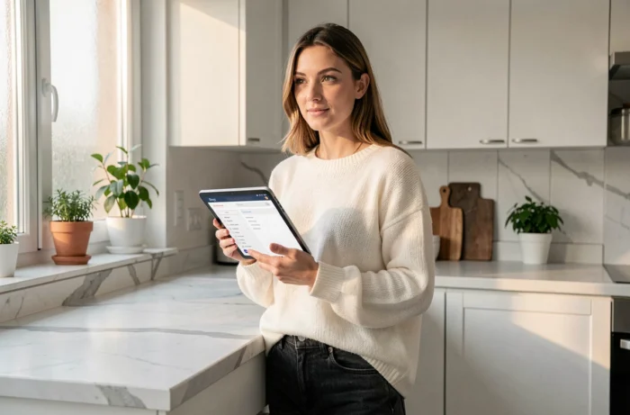 Jeune femme consultant la carte du site d'un blog voyage sur une tablette dans une cuisine moderne