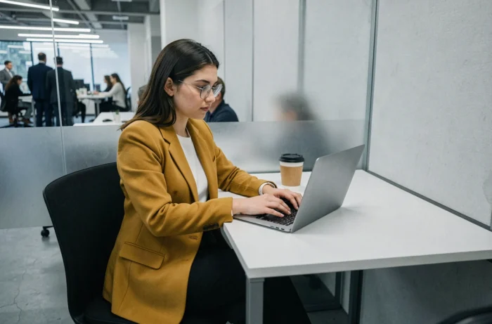 Jeune femme concentrée travaillant seule dans un espace de coworking avec cloison en verre dépoli et bureau minimaliste