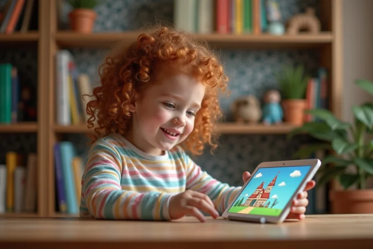 Jeune fille souriante jouant à un jeu éducatif en ligne sur une tablette dans sa chambre