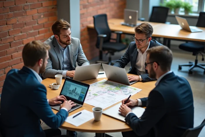 Équipe de fonctionnaires territoriaux collaborant sur un projet de transformation numérique autour d'une table de travail