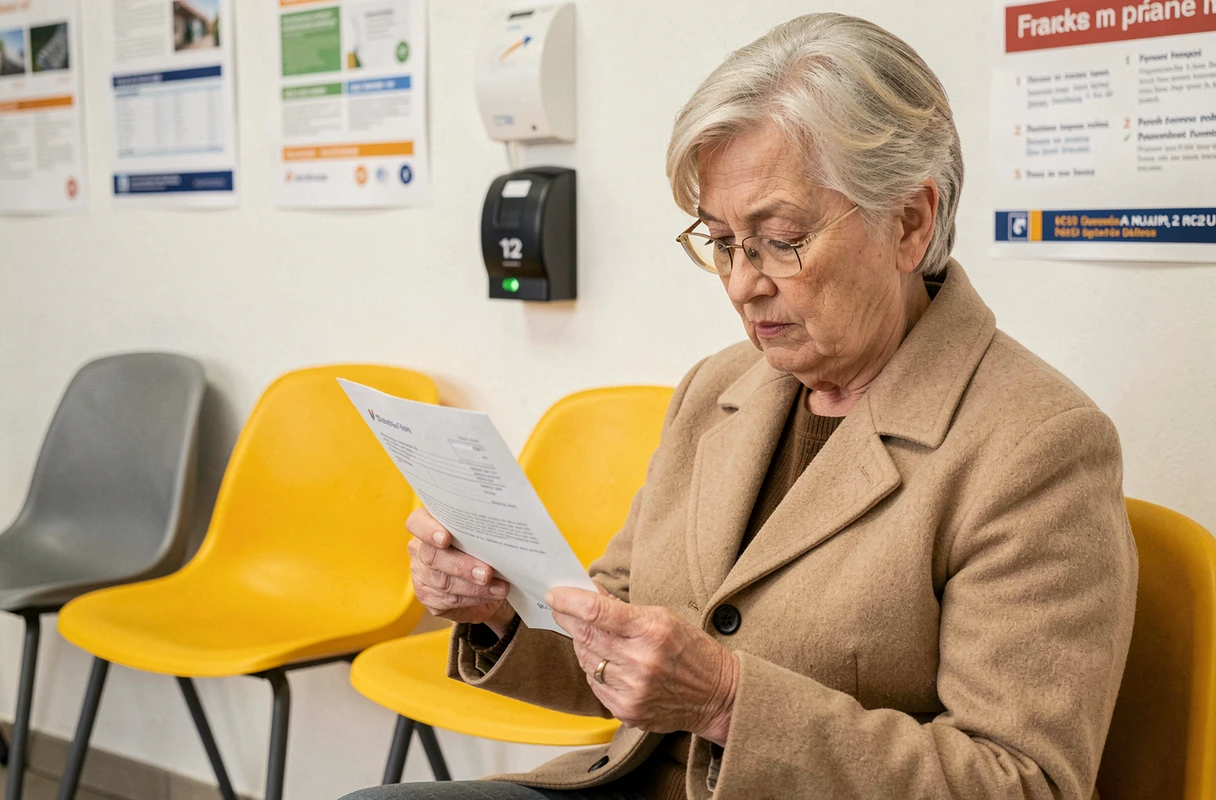 Personne âgée remplissant un formulaire bancaire dans une salle d'attente de La Banque Postale