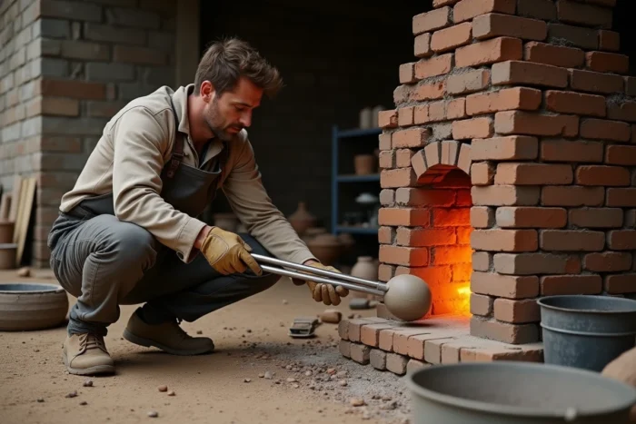 Céramiste extrayant une pièce en céramique raku d'un four traditionnel en briques réfractaires