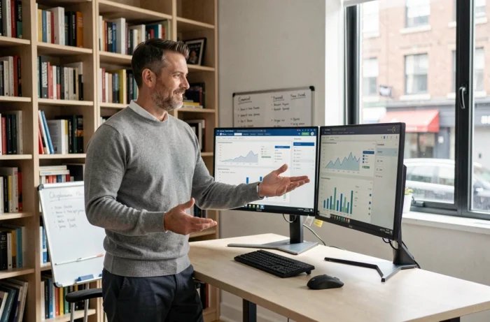 Freelance masculin analysant des tableaux de bord B2B sur double écran dans un bureau à domicile professionnel