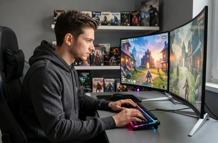 Jeune gamer concentré devant un setup PC gaming ultrawide dans un bureau moderne avec collectibles de jeux vidéo
