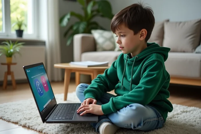Garçon concentré sur un jeu éducatif de mathématiques en ligne sur un ordinateur portable dans le salon