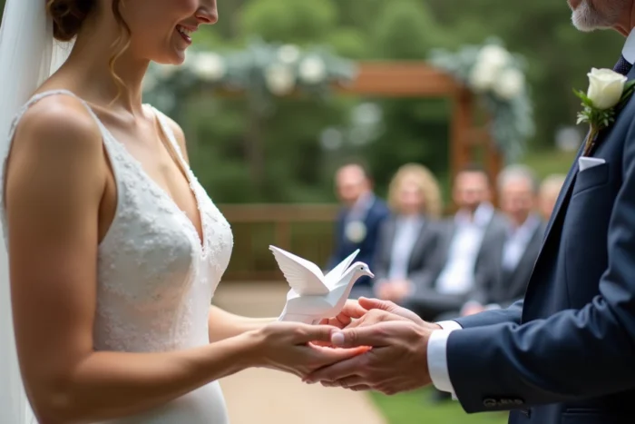 La mariée remet un geste symbolique à ses parents lors de la cérémonie laïque en plein air sous une arche fleurie