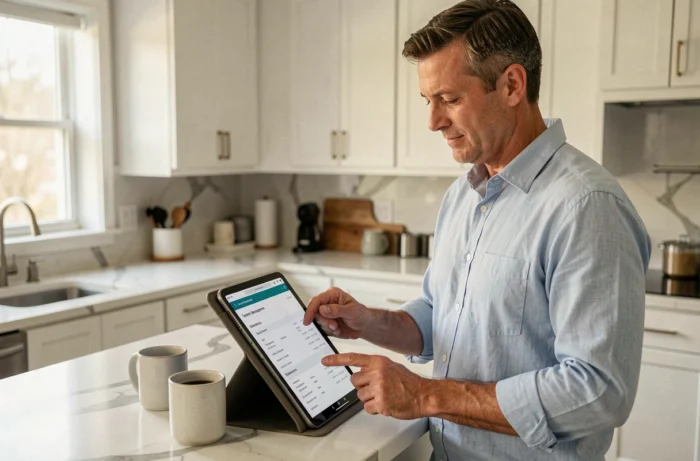 Homme gérant ses documents locatifs sur une tablette depuis sa cuisine, accès espace client locataire