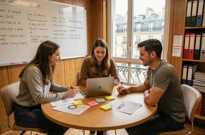 Groupe d'alternants en BTS GPME en réunion de travail dans une PME parisienne
