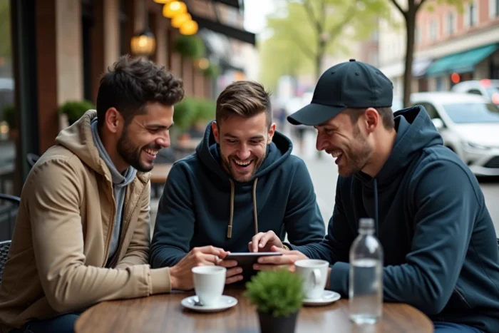 Groupe d'amis passionnés de sport découvrant ensemble une plateforme sportive en ligne sur tablette en terrasse
