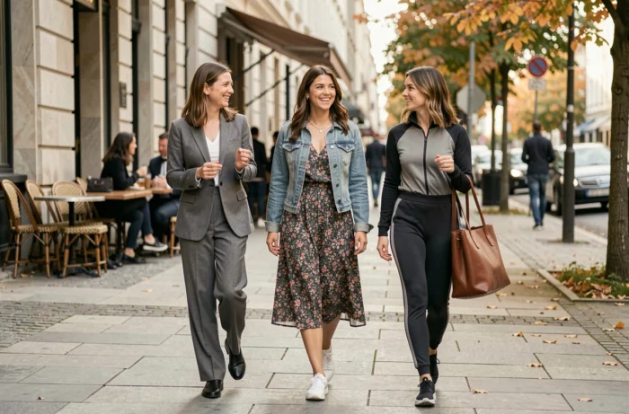 Trois femmes aux styles variés marchant ensemble dans une rue urbaine européenne en automne