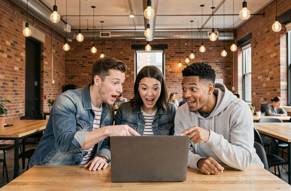 Groupe de jeunes adultes réagissant à une tendance virale sur les réseaux sociaux dans un espace de coworking