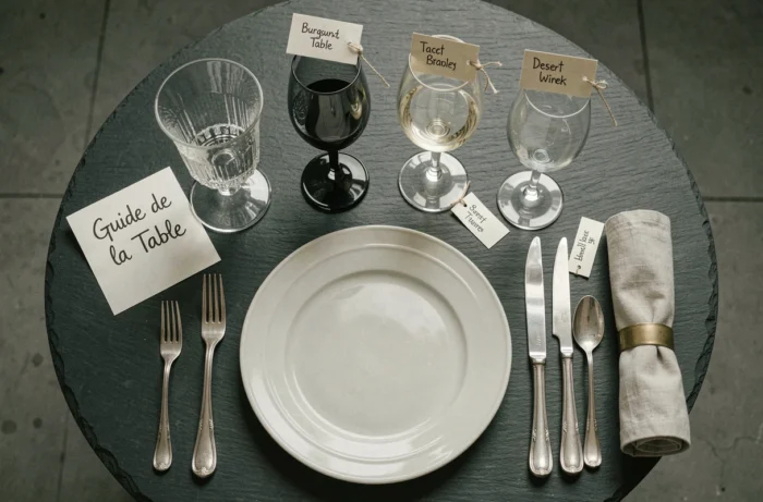 Vue aérienne d'un art de la table formel avec quatre verres classiquement disposés selon les règles de l'étiquette et des étiquettes explicatives