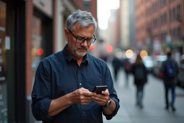 Homme consultant un site d'actualité sur smartphone dans une rue de la ville