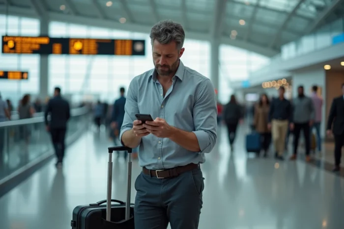 Homme en aéroport consultant une application bancaire avec un solde négatif, symbolisant les conséquences d'un crédit impayé avant un départ à l'étranger