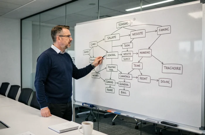 Homme expliquant une architecture de site web dessinée sur un tableau blanc lors d'une réunion professionnelle