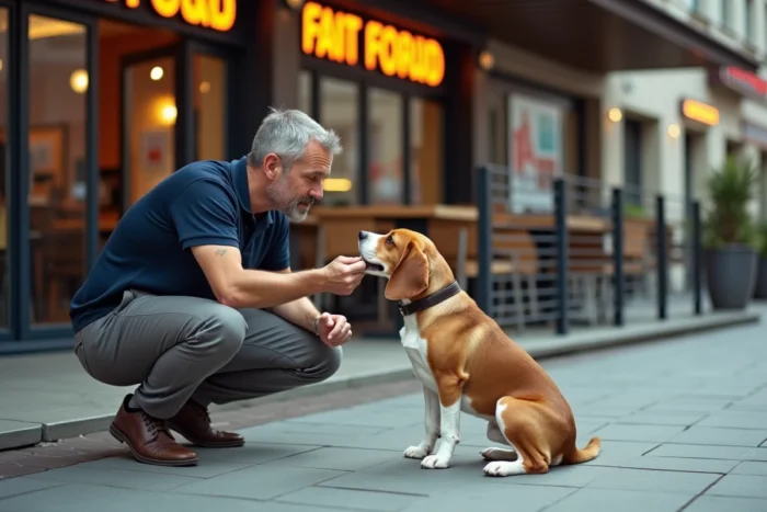 Homme donnant une friandise à son beagle devant l'entrée d'un restaurant Burger King