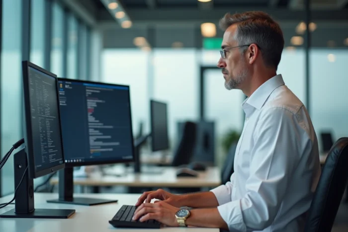 Homme en bureau open space configurant les paramètres réseau sur un ordinateur double écran pour résoudre un problème d'accès