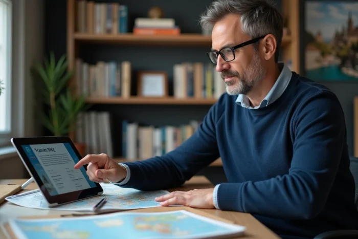 Homme consultant les rubriques d'un blog de voyage sur tablette avec carte et brochures sur son bureau