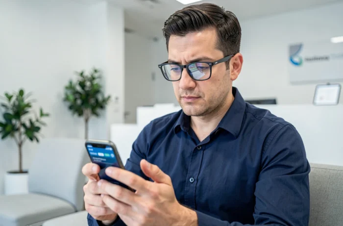 Homme consultant des avis de médecins sur son smartphone dans une salle d'attente moderne