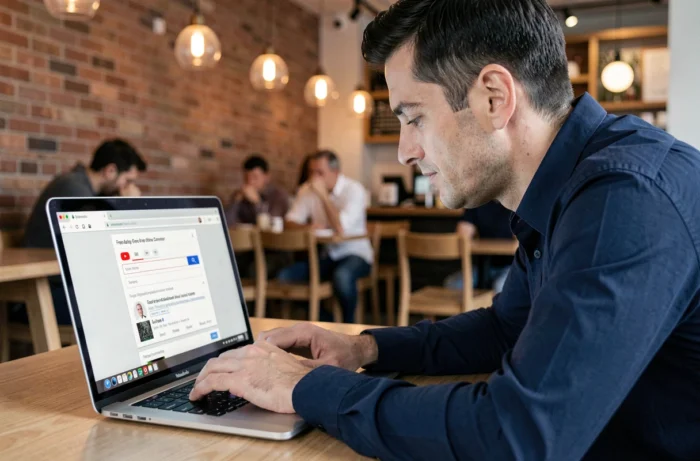 Homme en train de coller un lien YouTube dans un convertisseur vidéo gratuit en ligne depuis un café