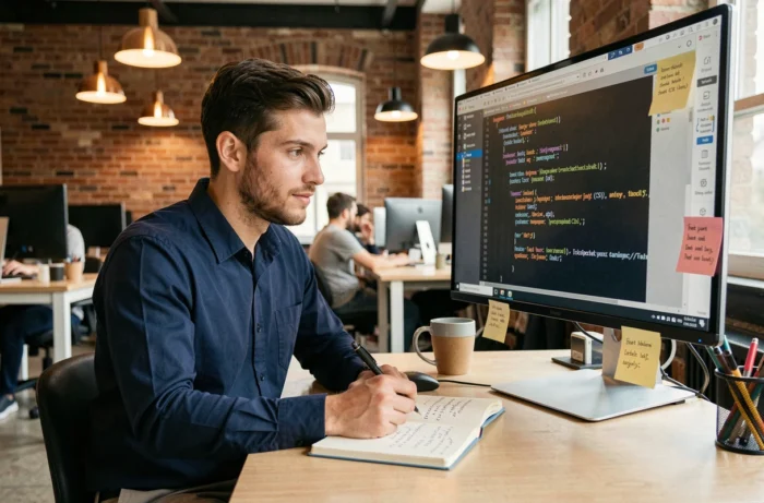 Homme débutant en programmation prenant des notes devant un écran de code HTML dans un espace de coworking