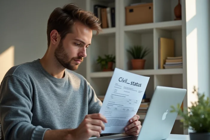Homme effectuant une demande de fiche d'état civil en ligne depuis son domicile