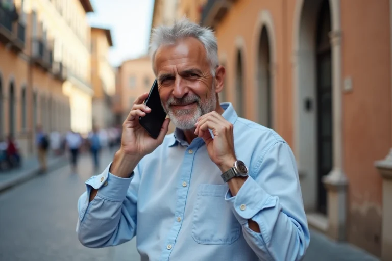 Homme italien utilisant son téléphone portable avec l'indicatif +39 sur une place historique de Rome